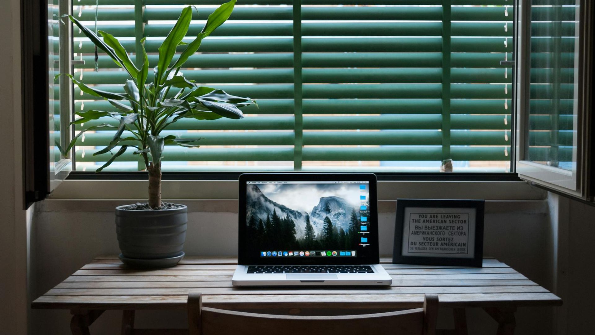 Serene workspace with soft natural lighting and green plants